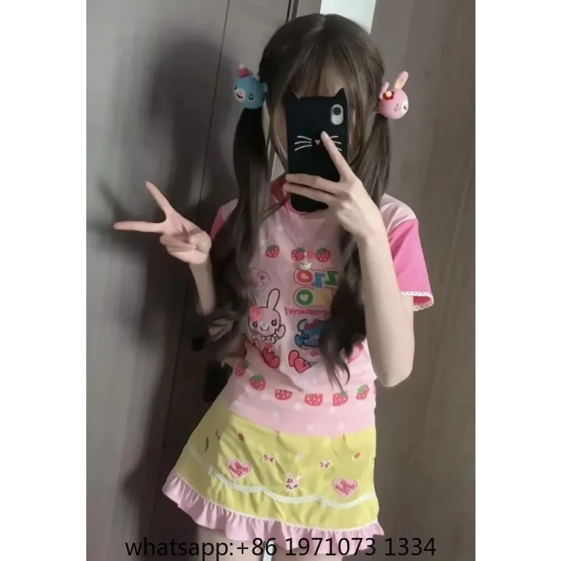 Japanese Kawaii Cartoon Print Tshirts Harajuku Contrast Patchwork Lace Fairy T-shirt Women Y2k Aesthetic Grunge Cropped Tees view 5
