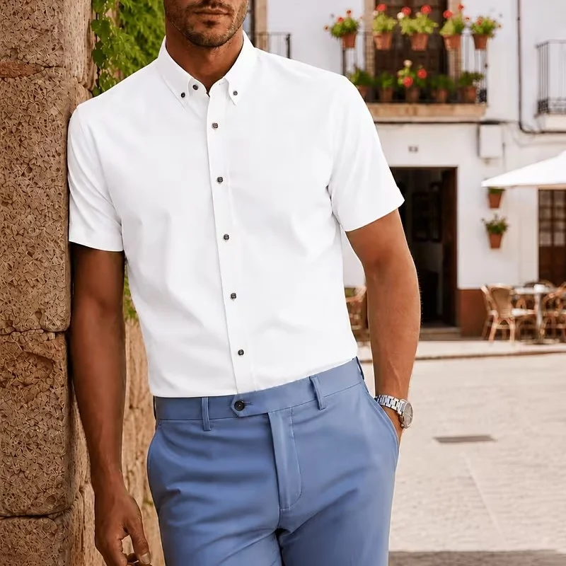 

Men's Slim Fit Solid Color Short Sleeve Business Casual Shirt Button down Wrinkle Resistant Blouse 3 Colors S-XXL