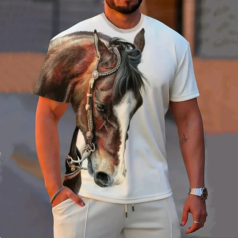 Fashion Men's T-Shirt 3D Horse Print Summer Short Sleeve Casual Man Clothing Round Neck Tops Loose Oversized T-shirts for Men