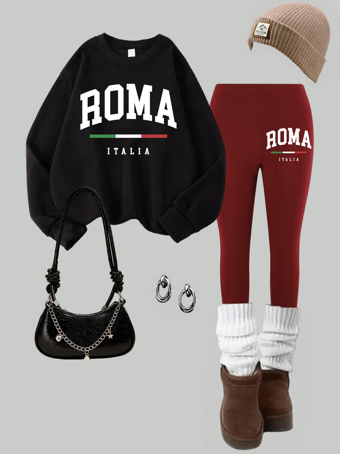 2-teiliges Damen-Sweatshirt-Leggings-Set mit Kolosseum-Rom-Italien-Aufdruck, Winter-Thermo-warme Hoodies, Hosen, Straßen-Damenkleidung