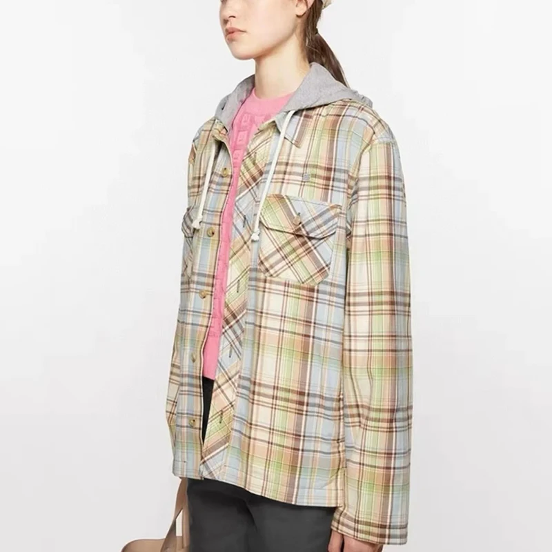 Women's Hooded Plaid Shirt, Casual Versatile Jacket Coat, New, Summer, High Quality Cotton, 2024, y2k