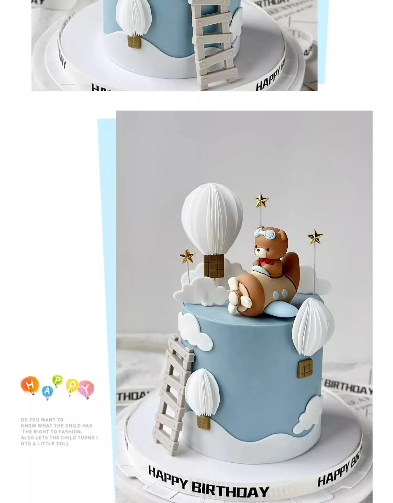 Pilot-Bären-Kuchendekorationen: Bären fliegen das Flugzeug mit Wolken, Sternen und Leiter für Kinder, alles Gute zum Geburtstag, Babyparty-Dekorationsrequisiten – Detail 3
