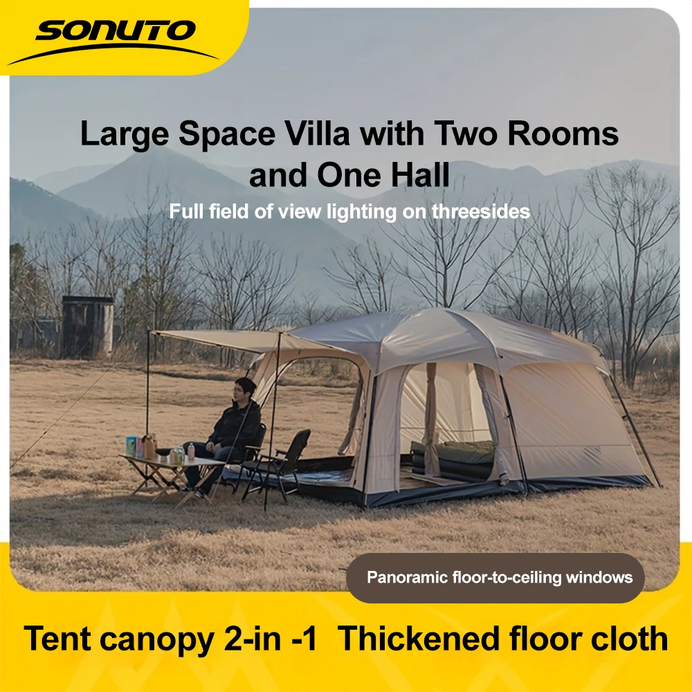 Sonuto Instant Pop Up Family Camping Tent Waterproof Double Layer 2 Room Spacious Large Tent for Outdoor Travel Beach Car