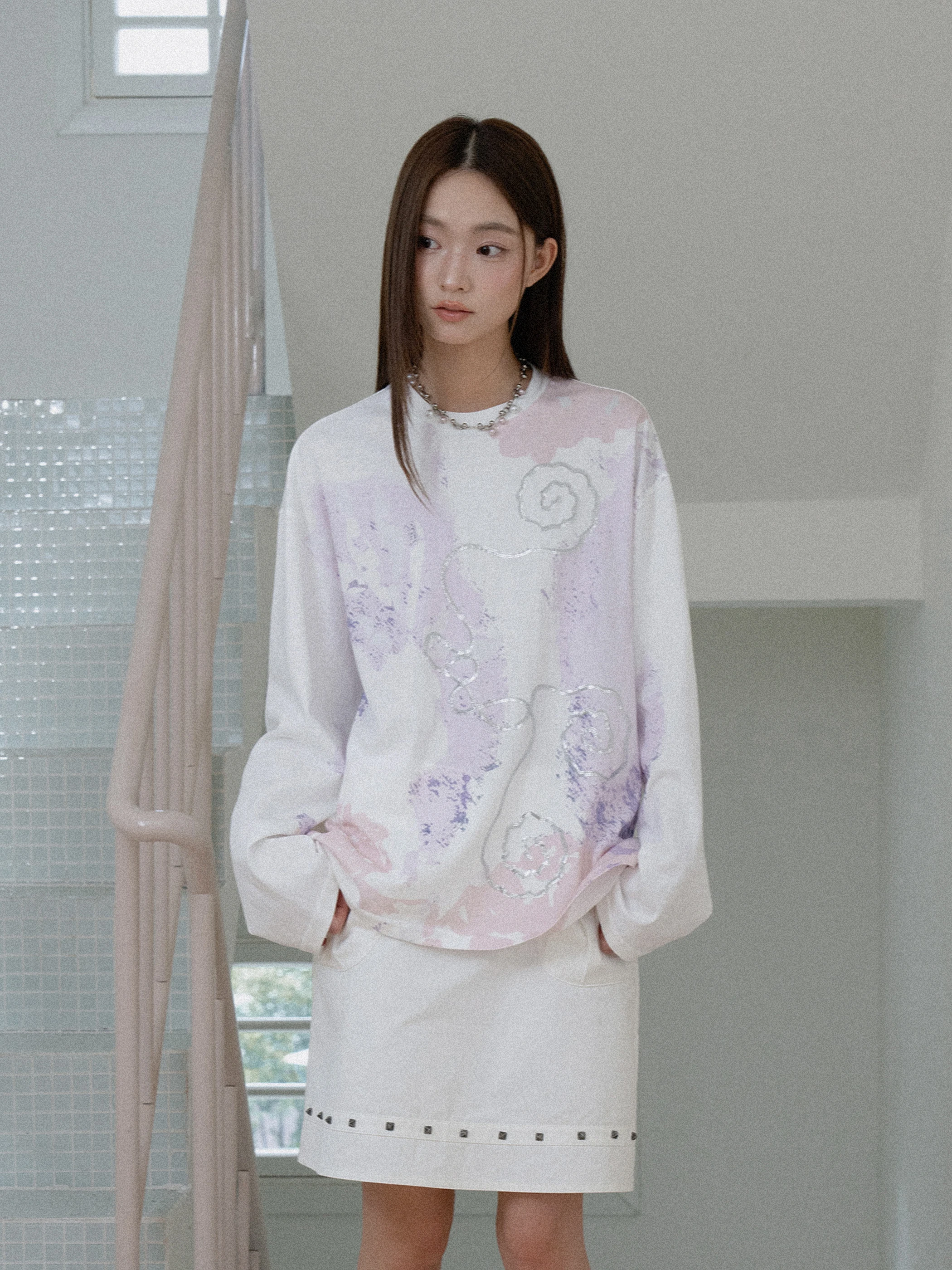 

TheLighT Original Design Totem Print Silver Heat Transfer Long Sve Women's T-irt Casual Loose Fit Cotton Polyester Blend