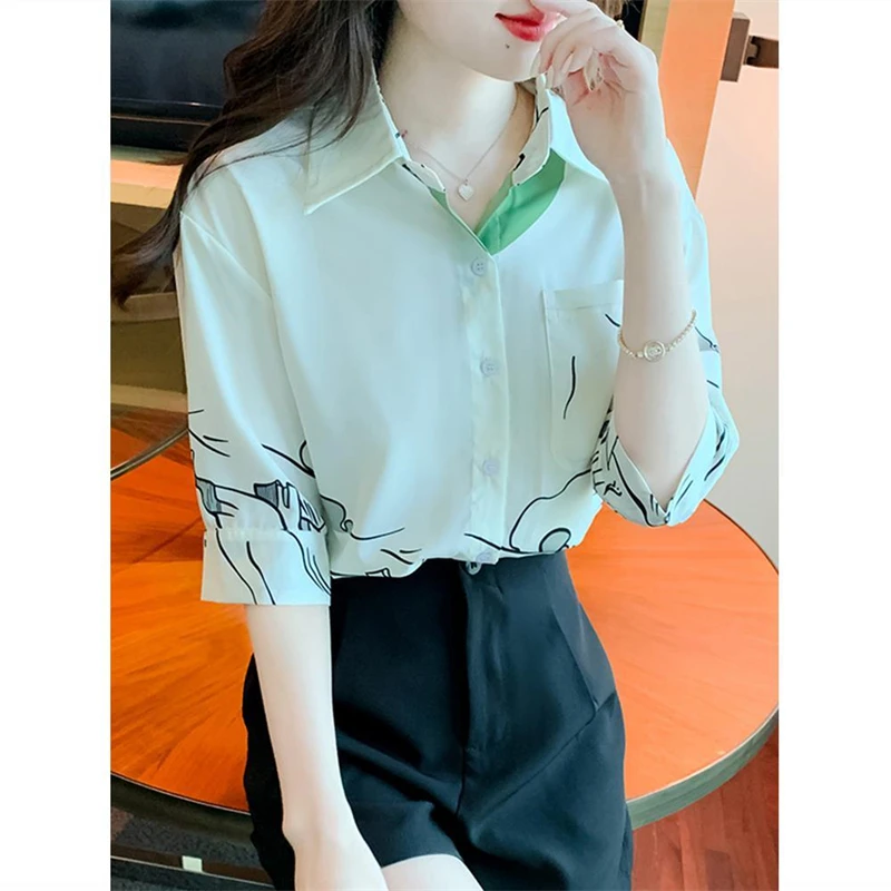 Women Korean Fashion Contrast Color Print Shirts 2024 Summer Chic Sweet Design Y2K Blouse Casual Short Sleeve Loose Tops Camisas