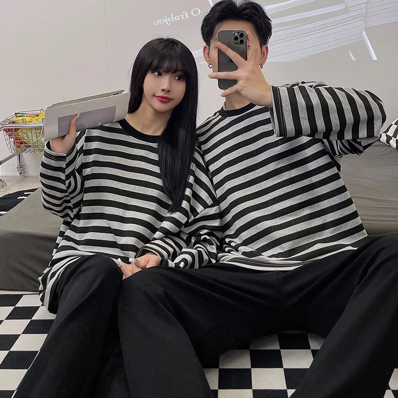 Cotton Men Pajamas Plus Size Autumn and Winter Striped Long-Sleeved Trousers 2 Piece Set Sleepwear Casual Breathable Home Wear