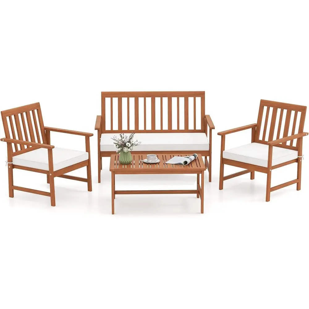 

Комплект для патио из акации: 2 кресла, диван-софа, журнальный столик с подушками для террасы или заднего двора (белый)