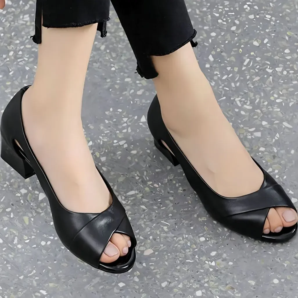 Leather Summer 2024 Outdoor Open Toe Thick Heel for Office Work Ladies Shoes Footwear with Medium Heels Black Sandals Women Sale