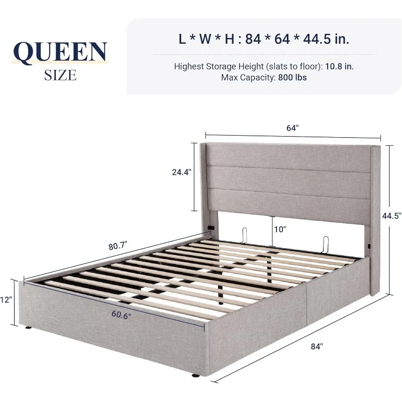 Queen Size Lift Up Storage Bed, Modern Wingback Headboard, Hydraulic Support, No Box Spring Needed, Light Beige