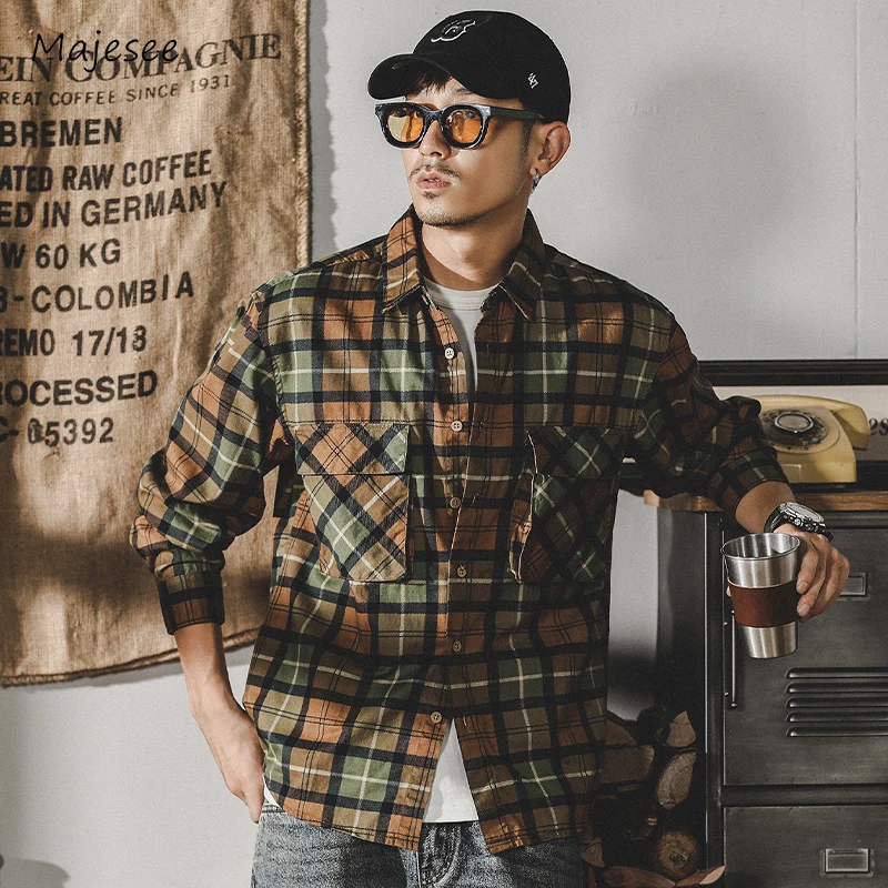 

Plaid Shirts Men Loose Panelled American Safari Style Leisure Spring Autumn Daily High Street Advanced Temperament Lounge Chic