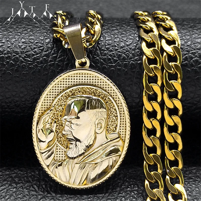 

Padre Pio Saint Father Medal Necklace for Men Stainless Steel Gold Color Statement Religious Pendant Necklaces Jewelry NZZ476S05