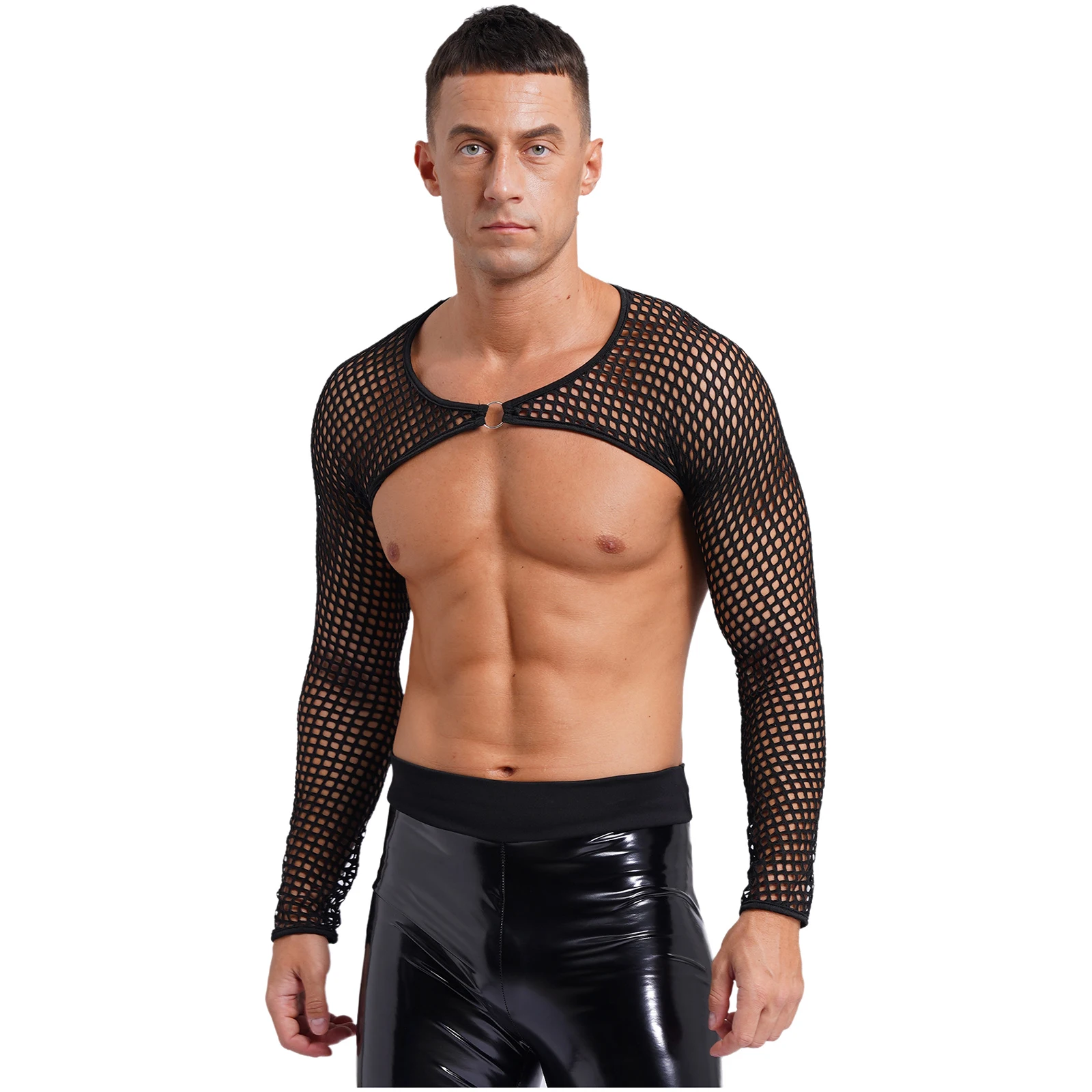 Mens Hollow Out Fishnet Festival Crop Top See-through Cover Ups O Ring Round Neck Long Sleeve T-shirt Tops Front with O Ring