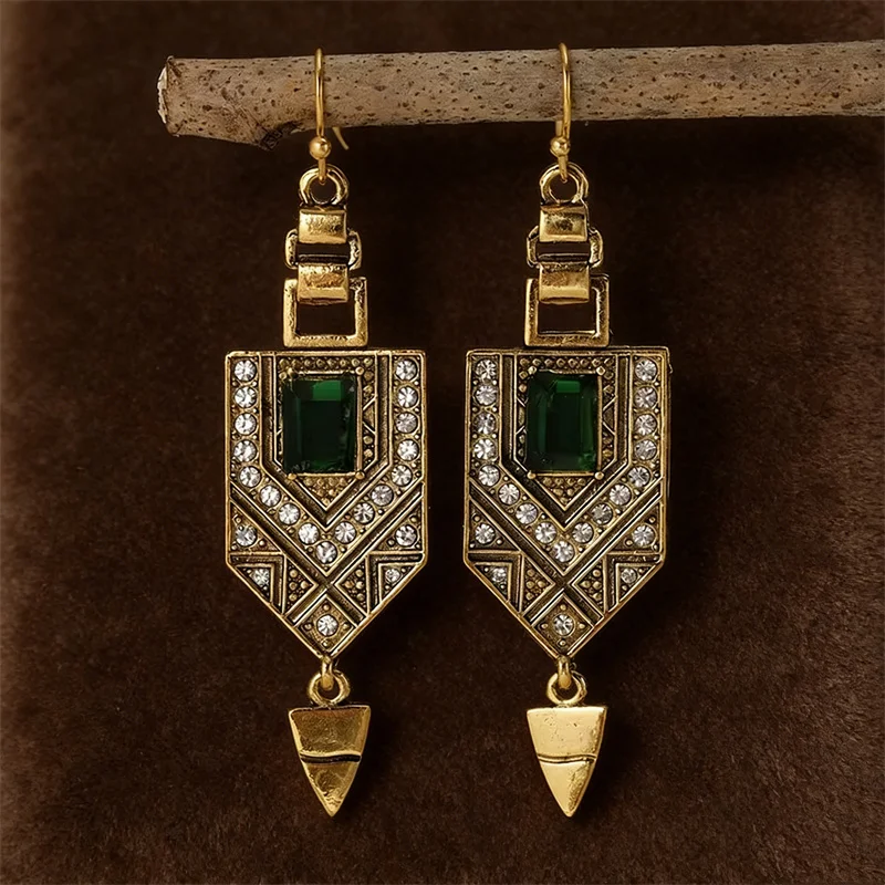 Ethnic Square Green Stone Earrings Vintage Originality Gold Color Metal Carving Pattern Hanging Accessory Dangle Earrings