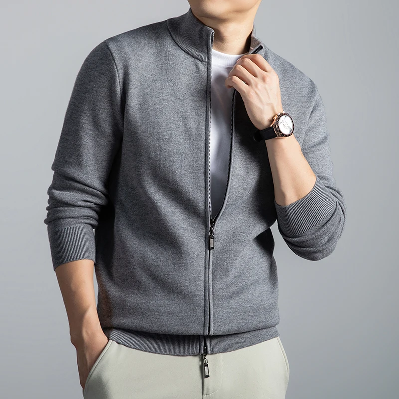 Thick Men Sweater Cardigan Autumn Winter Classic Stand Collar Warm Knit Jacket Long Sleeve Trendy Zipper Sweater Wool Blend Coat
