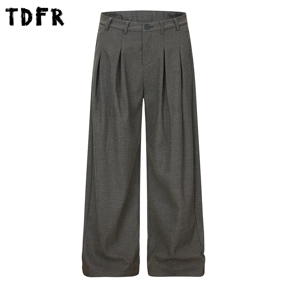 

Плиссированные повседневные брюки в клетку, мужские осенне-зимние прямые мешковатые широкие брюки в клетку в стиле ретро, мужские брюки