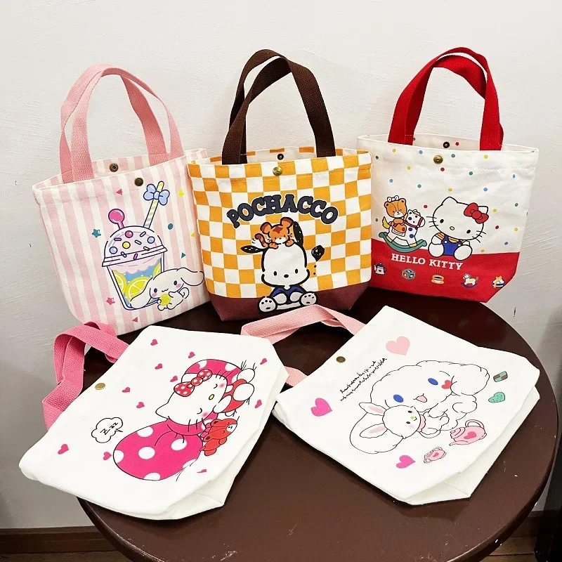 Sanrio Cartoon Anime Portable Canvas Bag Cinnamoroll Kuromi Girls 2023 New Pochacco Pom Pom Purin Double Sided Fabric Bag