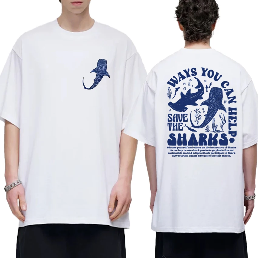 

Funny Ocean Fashion T shirt Unisex Save The Sharks Respect The Locals Graphic short sleeve T-shirts Men Women Casual Cotton Tops