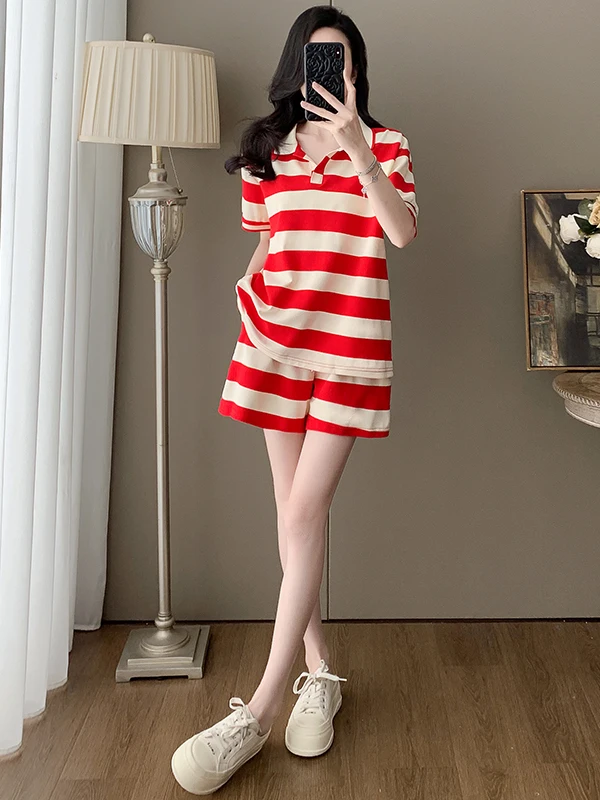 casual-sportswear-set-women's-ort-sve-striped-top-orts-two-piece-suit-red-trendy-summer-outfit-ne-pullover