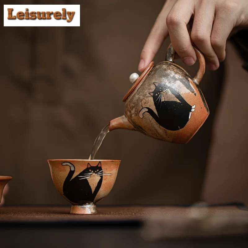 130ml Japanese Wood-fired Porcelain Zhiye Teapot Handmade Gilt Silver Silver Cat Pot Tea Brewing Kettle Drinkware Decoration