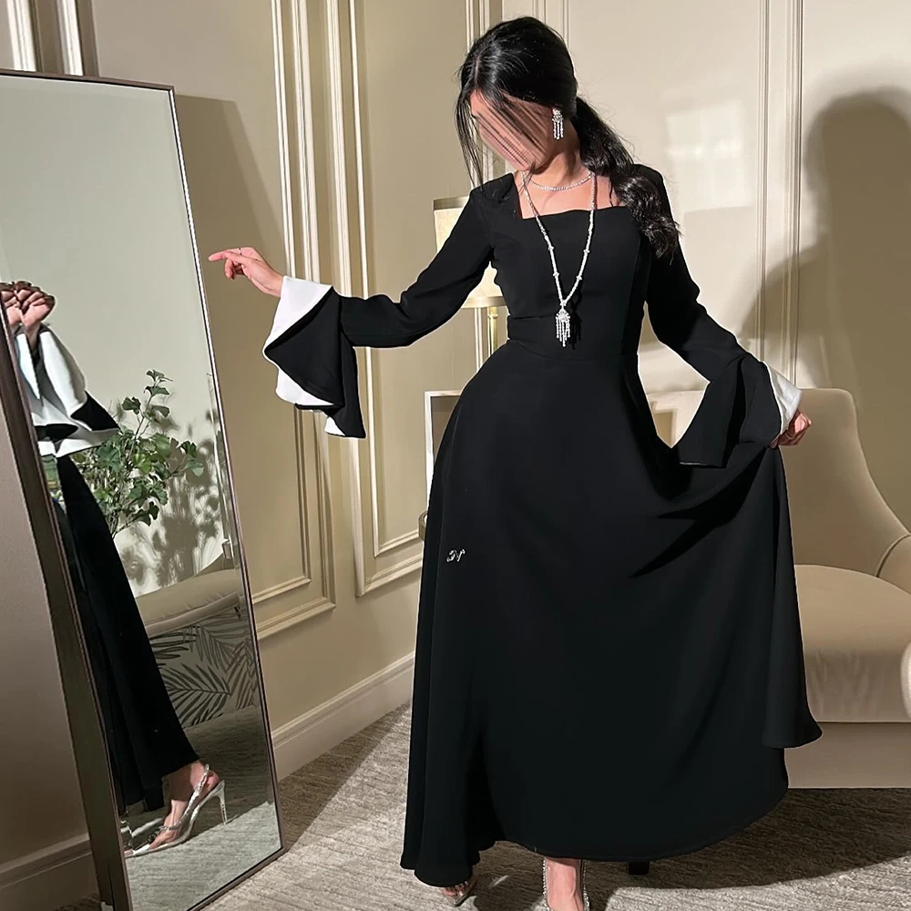 

Classic Straight Black Tea Length Evening Dress Modern Square Neck Jersey Long Sleeves Pearls Pleats Saudi Arabia Prom Grows