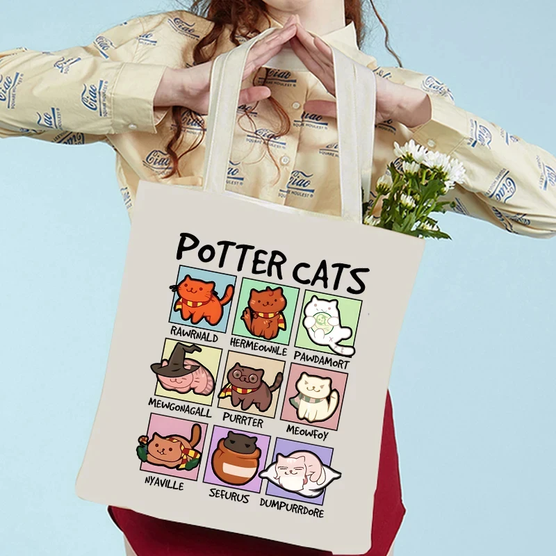 Potter Cats Canvas Bag Women Shoulder Bags Harajuku Animal Cat Funny Tote Bag Reusable Shopping Bag Potter Cats Women Handbags