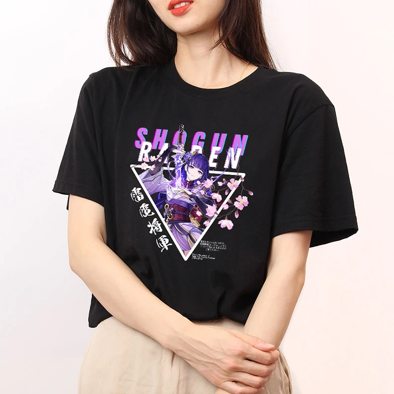 Genshin Impact Game Graphic T Shirts Kawaii Cartoon Raiden Shogun Print Tops Woman Man Anime Streetwear Shirts Tee