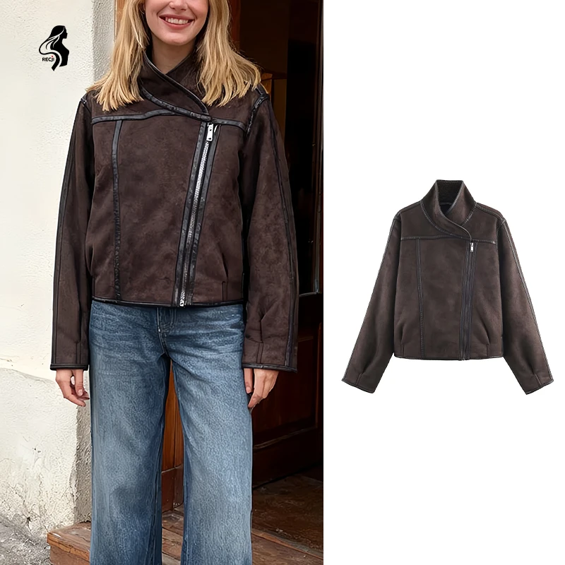 

Womens Jacket Coat Suede Fleece Diagonal Zipper Stand Collar Fashionable Short Coat Winter Daily Casual Versatile Trafizaran