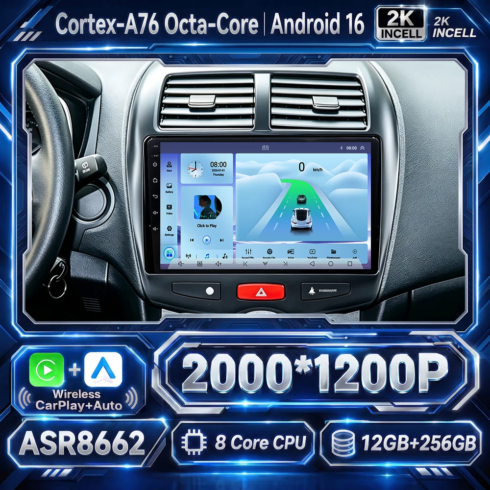 Cortex-A76 Octa-Core Android 16 Car For Mitsubishi ASX 1 2010 - 2016 Stereo Head Unit Navigation Wireless Carplay NO 2Din DVD BT