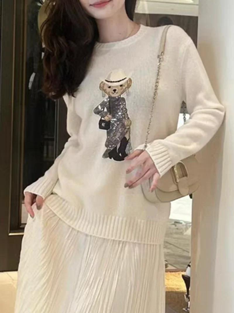 Sweater Women\'s 2024 Autumn and Winter New High-End Casual Cartoon Bear Decoration Women\'s Warm Top Base Sweater Sports Shirt