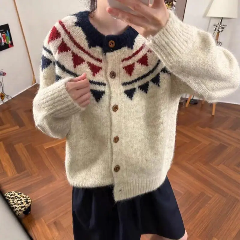 

Korean Style Cardigan Knit Women Spring and Autumn Jacquard Geometric Color Block Design Sense Fluffy Soft Knitwear Cardigan