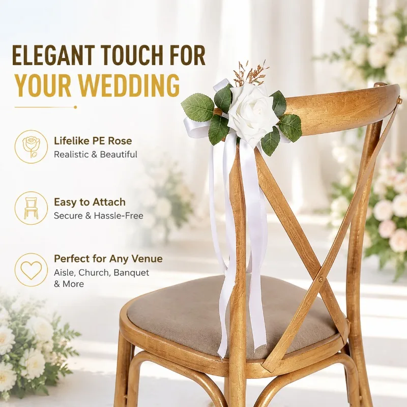 Wedding Chair Back Rose Flower Decor, PE Rose for Aisle Church Banquet Wedding Celebration