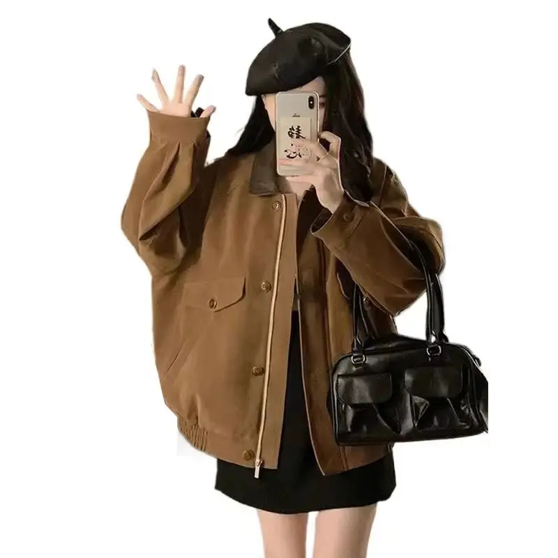 American Vintage Maillard Tooling Jacket Women's Autumn Loose Stand-Up Collar Suede Splicing Leather Jacket Hong Kong Style