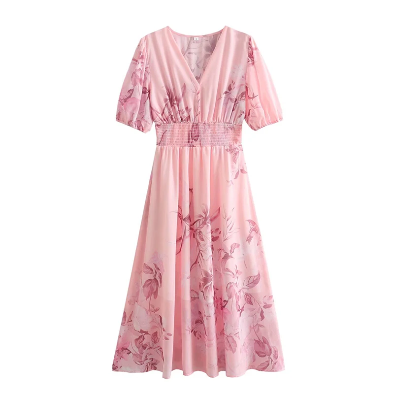 

New 2024 Women French Pink Floral Print Summer Dress Short Sleeve Elastic Waist Ladies A-line Midi Dress Holiday Vestidos