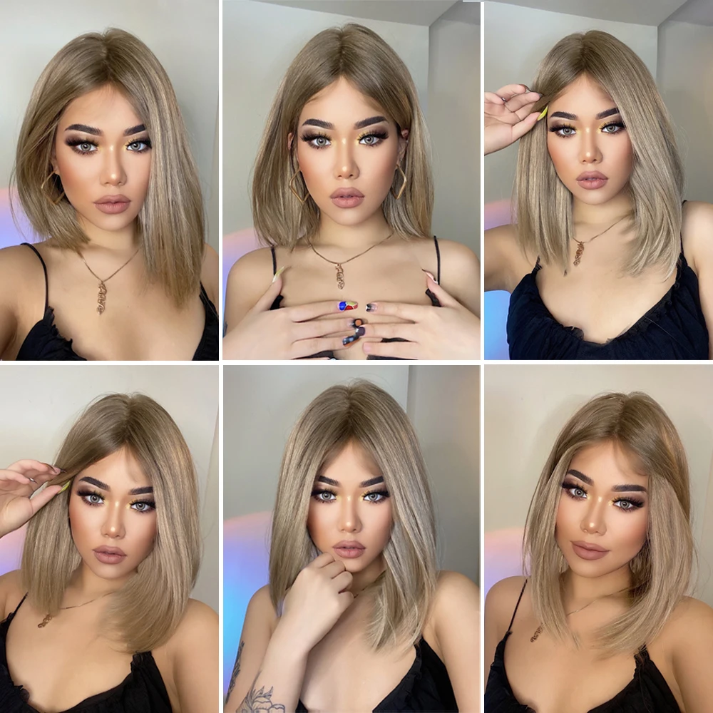 Brown Blonde Lace Front Wigs Short Straight Bob Synthetic Lace Frontal Wig with Baby Hair for Women Blunt Cut Natural Daily Hair