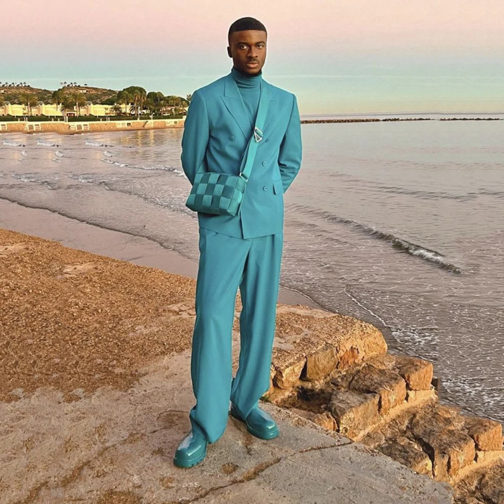 

Fashion Blue Men's Suits Double Breasted 2 Pieces Jacket Pants Blazers Sets Smart Business Party Banquet Travel Male Clothing