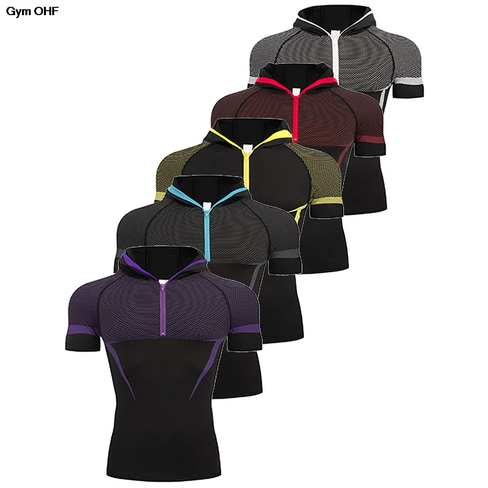 Hooded Compression T-Shirt Men Bodybuilding Sportswear Short Sleeve Quick Dry Workout Shirts Sport Tops Gym Running