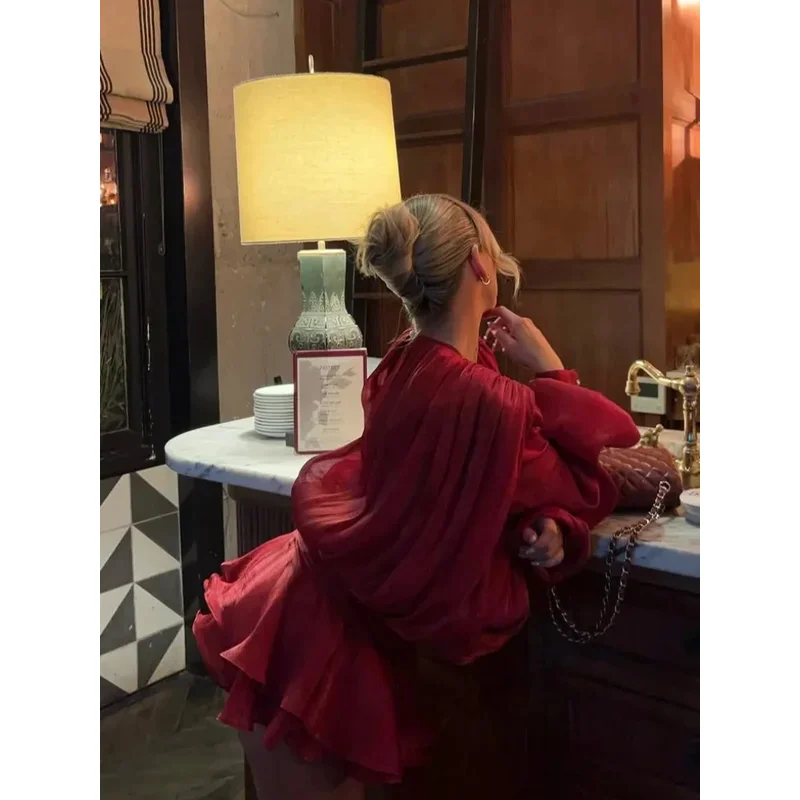 JIN Elegante Rosso Lace Up Ruffles Mini Abito da Donna O Collo Lanterna Manica Lunga Pieghettato Abiti Allentati Lady New Chic Abiti in Chiffon