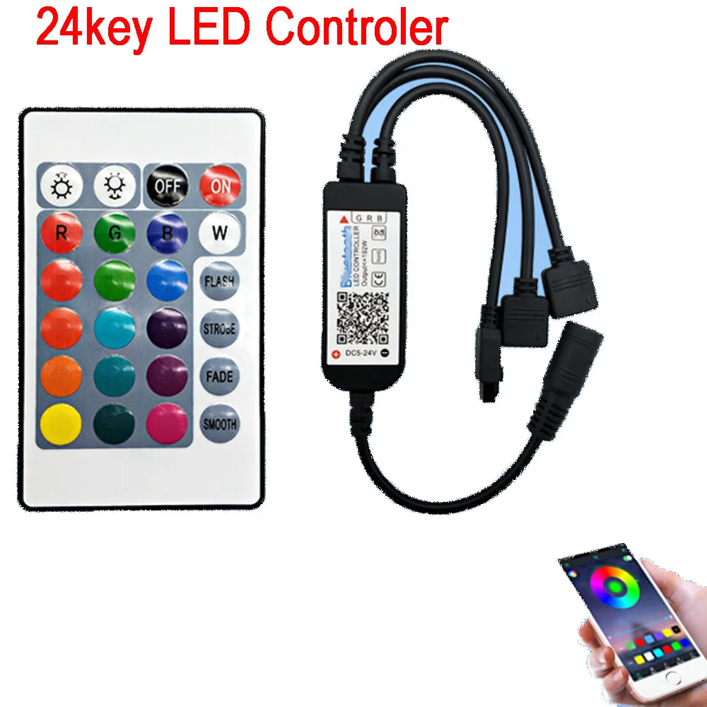 

1pcs 24key LED Infrared Bluetooth RGB Controler 1 to 2 Controller IR Remote Dimmer DC 5-24V For Smartphone APP dimming lamp