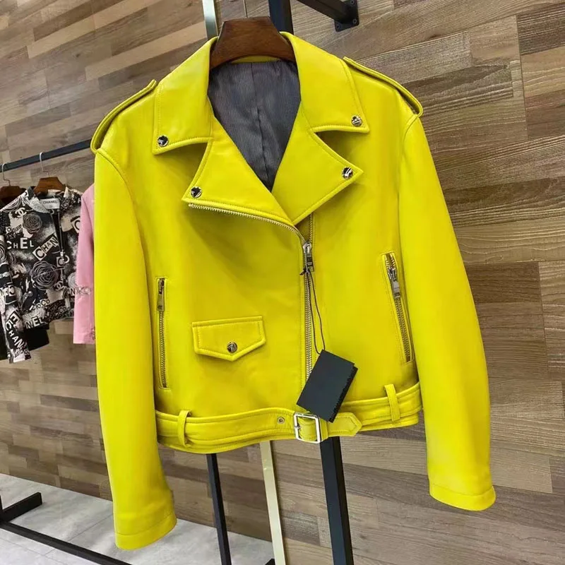 Senior Sheepskin Coat Spring Autumn Yellow Genuine Leather Jacket Locomotive Model Women Clothes With Belt Long Sleeve