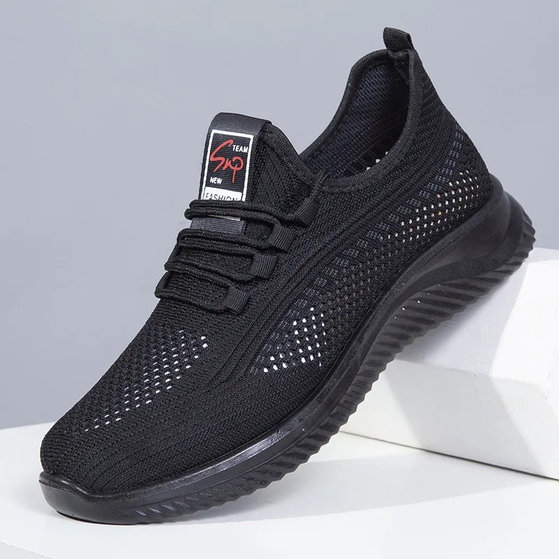 Men's Summer Breathable Soft Bottom Large Eyelets Shoes Black Mesh Slip-On Casual Sandals Comfortable Footwear for Middle-Age...