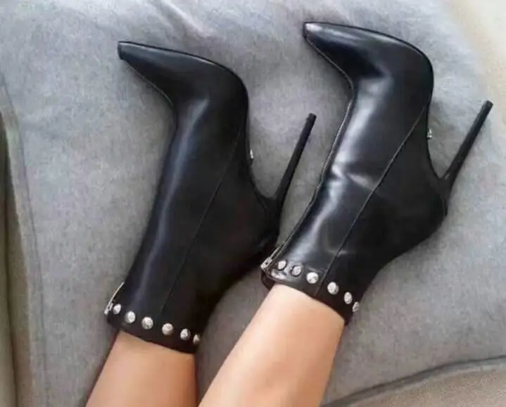 

Sexy Women Black Matte Leather Sliver Rivet Studded Pointed Toe Zipper Frond Patchwork Stiletto Heel Ankle Boots Shoes Size 43