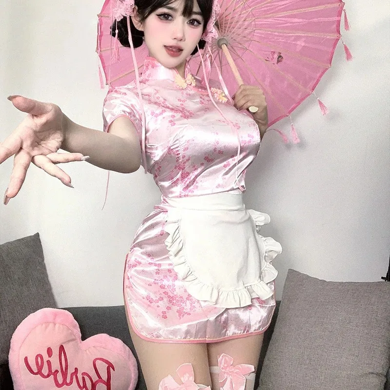 Sexy Chinese Women Cheongsam Cute Maid Role Play Outfit Apron Dress Uniform Kawaii Anime Little Chef Qipao Cosplay Costume