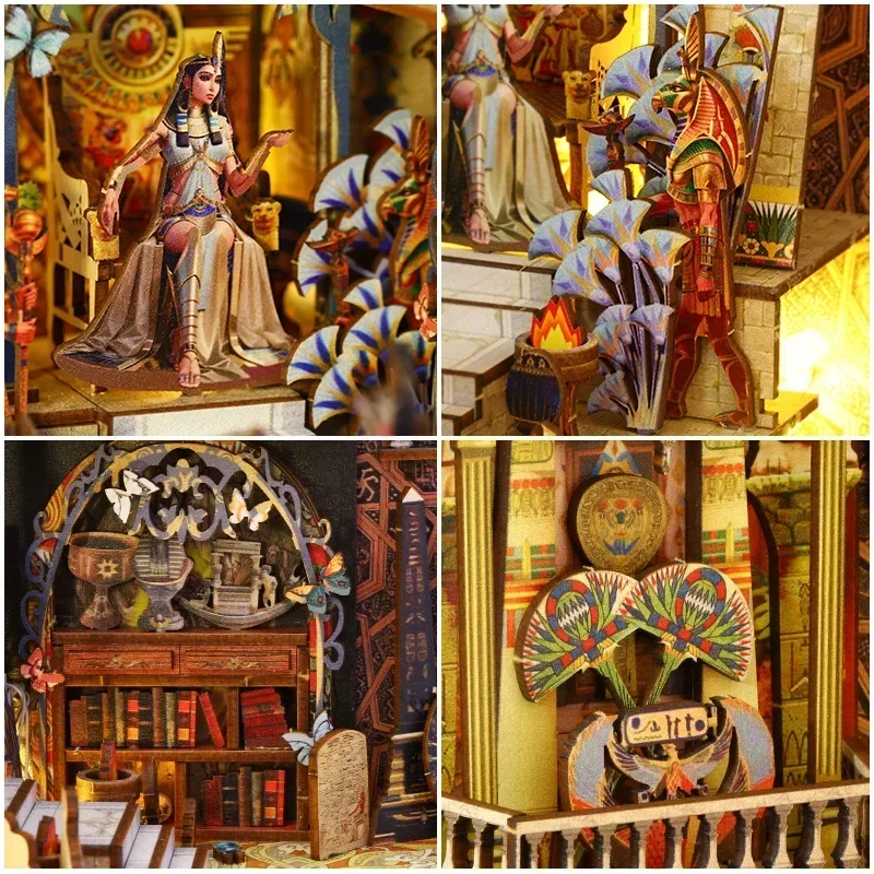 DIY Wooden Book Nook Shelf Insert Kits Miniature, The Mysterious City Bookends Egypt Bookshelf Dollhouse for Friends Xmas Gifts