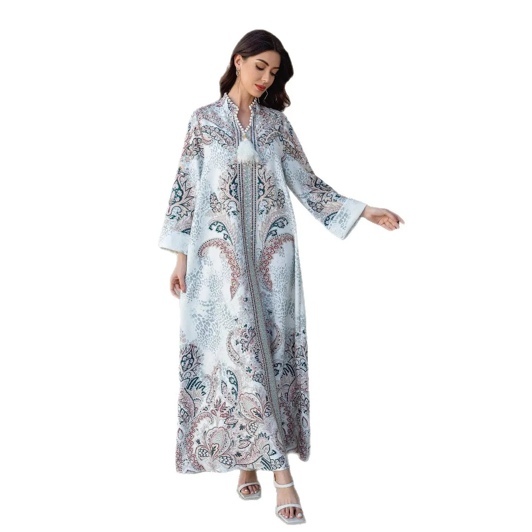 

Ближневосточный мусульманский женский халат с ромбовидным принтом и бисером, арабское платье Абая