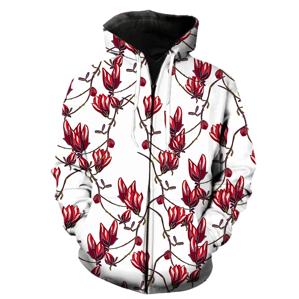 

Flowers Magnolia Men's Zipper Hoodie Funny Cool Oversized 3D Print With Hood Jackets Teens Hip Hop Spring Tops Harajuku Fashion