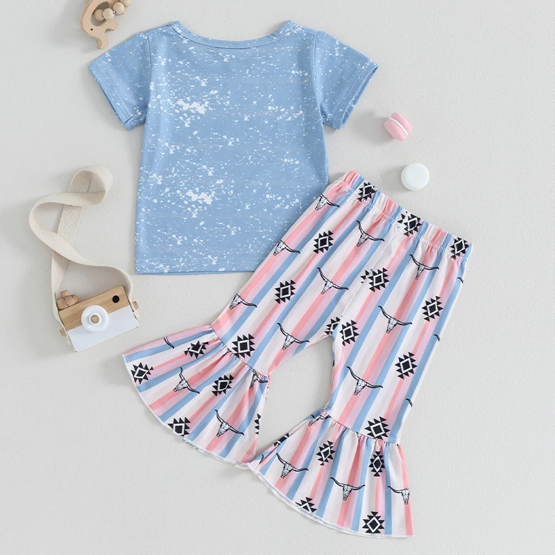 Western Toddler Baby Girl Summer Clothes Short Sleeve Cow Head Print T-Shirt Top Striped Flare Pants Set Boho Bell Bottom