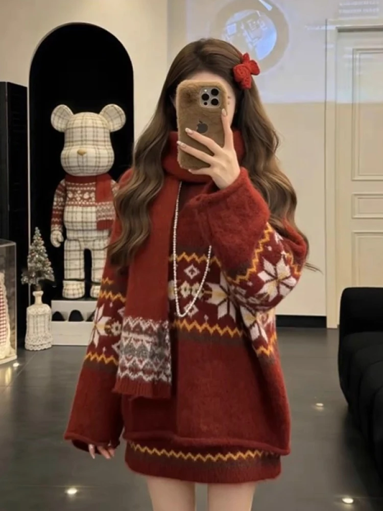 

Красный Cisas Fair Isle вязаный свитер, женский зимний винтажный комплект с геометрическим рисунком, утягивающая юбка с высокой талией, комплект из двух предметов