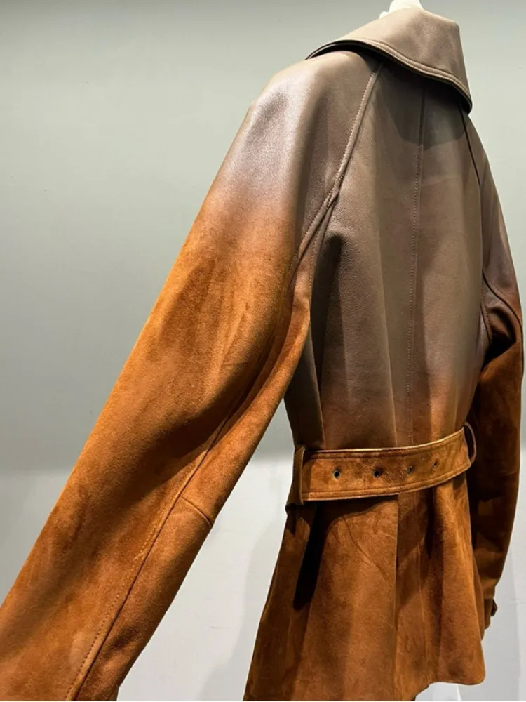 الفاخرة جلد الغنم الطبيعي المدبوغ المرأة سترة الخريف الشتاء محززة طوق معطف الحفلات حزام Vintage معطف جلد طبيعي غير رسمي