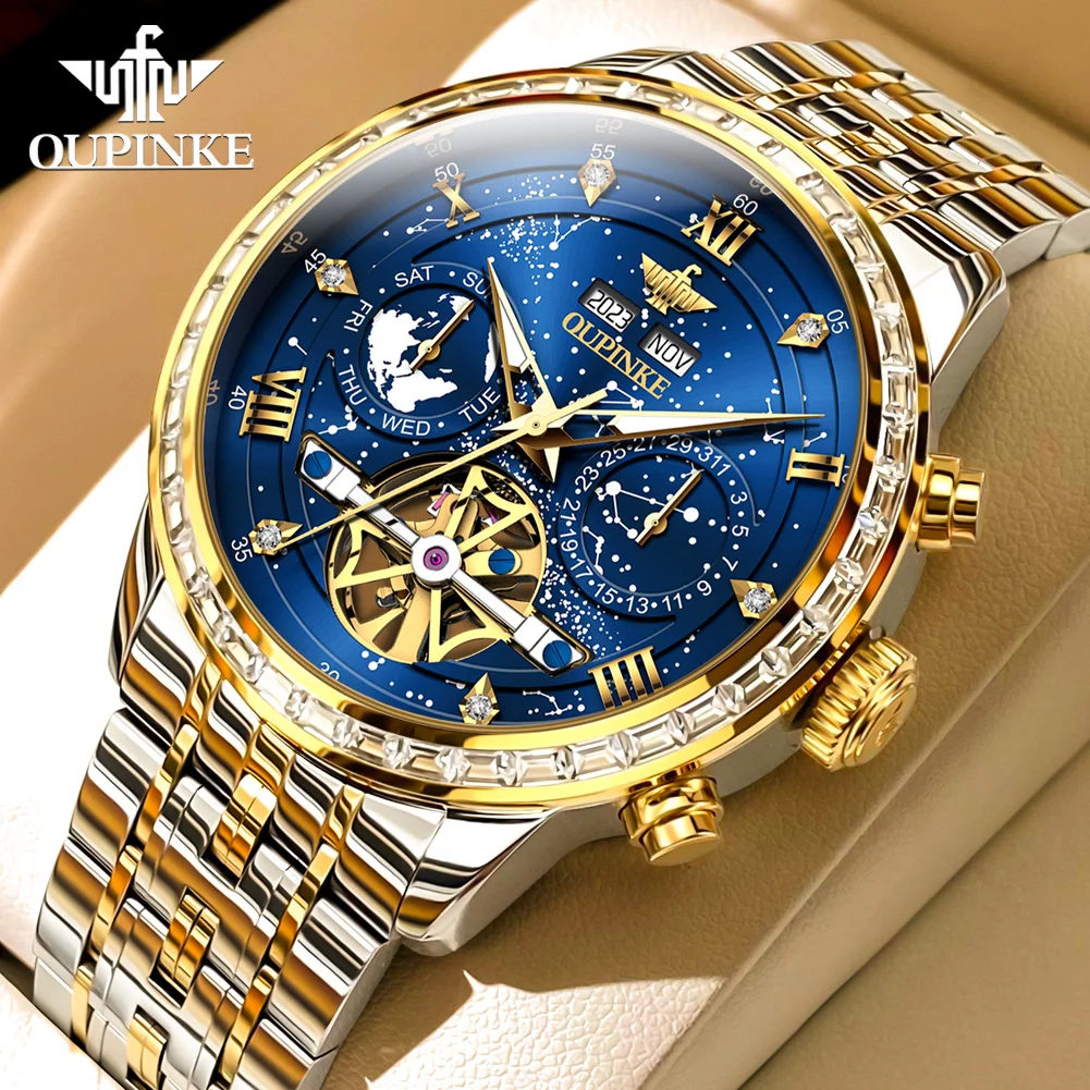 OUPINKE 3255 Mens Watch Original Automatic Multifunctional Chronograph Mechanical Watch Starry Sky Dial Waterproof Luminous