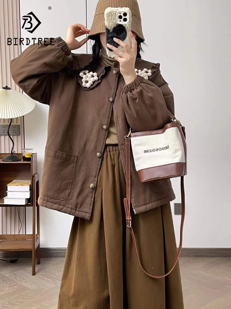 Nowa zimowa kurtka ocieplana bawełną na rok 2025, damska, z kołnierzykiem Peter Pan, kwiatowy wzór 3D, styl Mori Girl, odmładzająca, elegancka, ciepła, luźna odzież wierzchnia C5D454CC